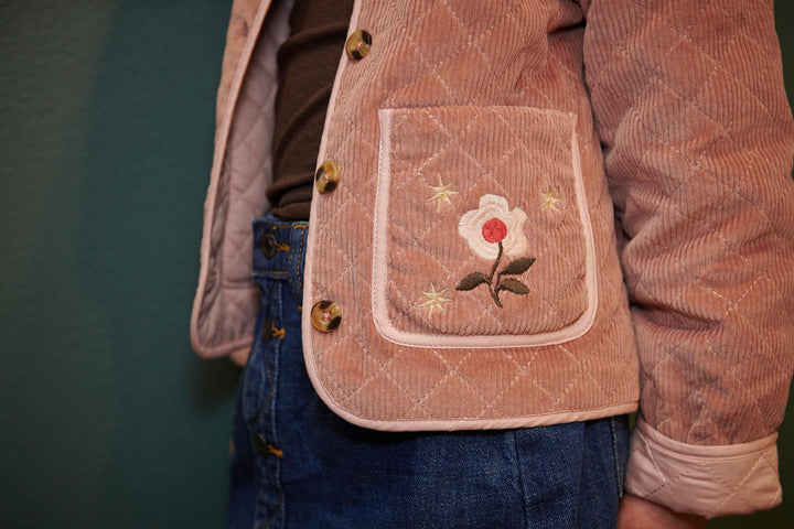 Quilted Fløjlsjakke m. Broderi - Winter Rose