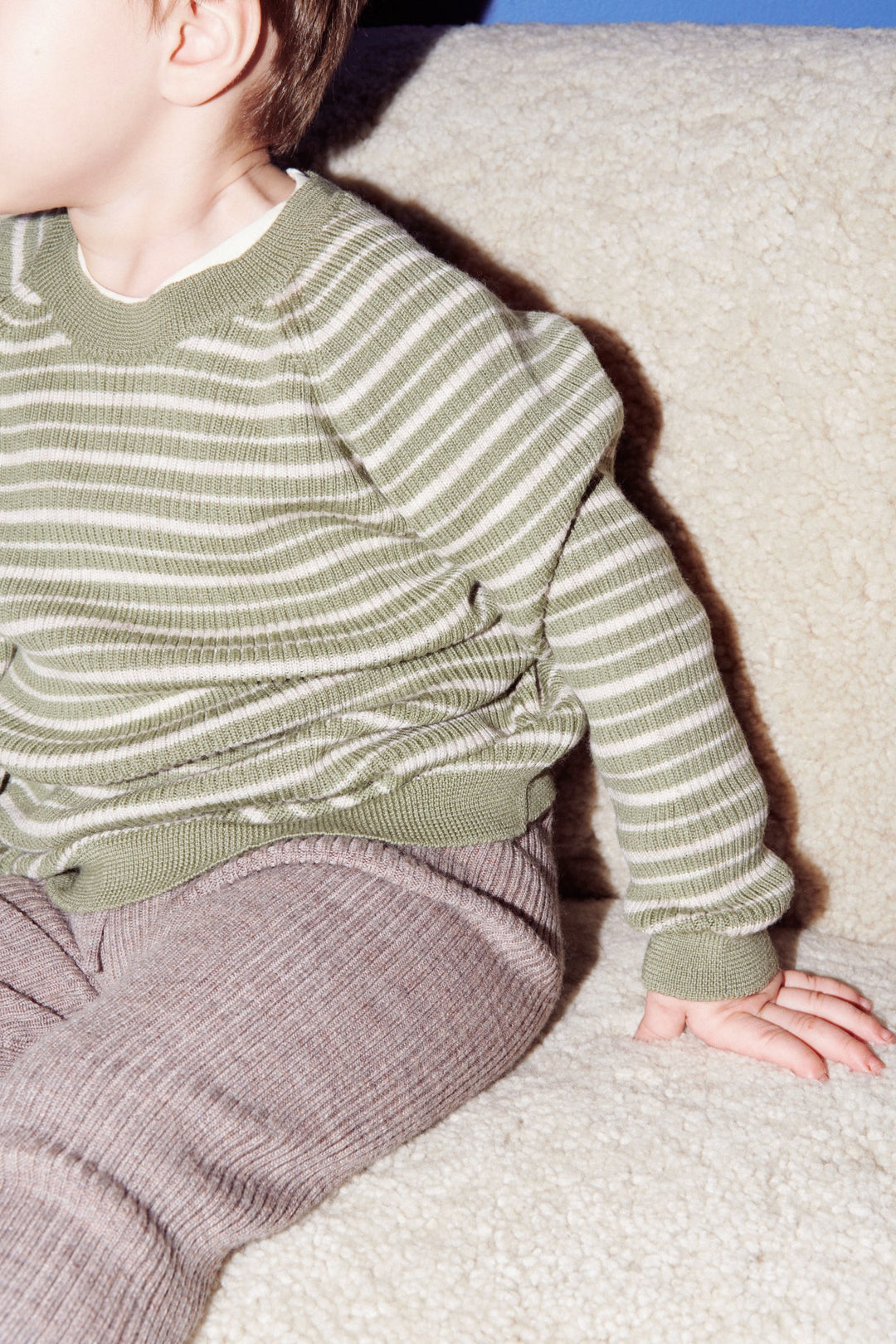 KLASSISK MERINO BLUSE I RIB - SAGE GREEN/CREAM COMB