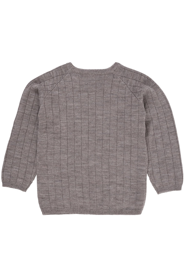 STRIKKET BLUSE I MERINOULD M. KNAPLUKNING OVER SKULDER - NATURAL MELANGE