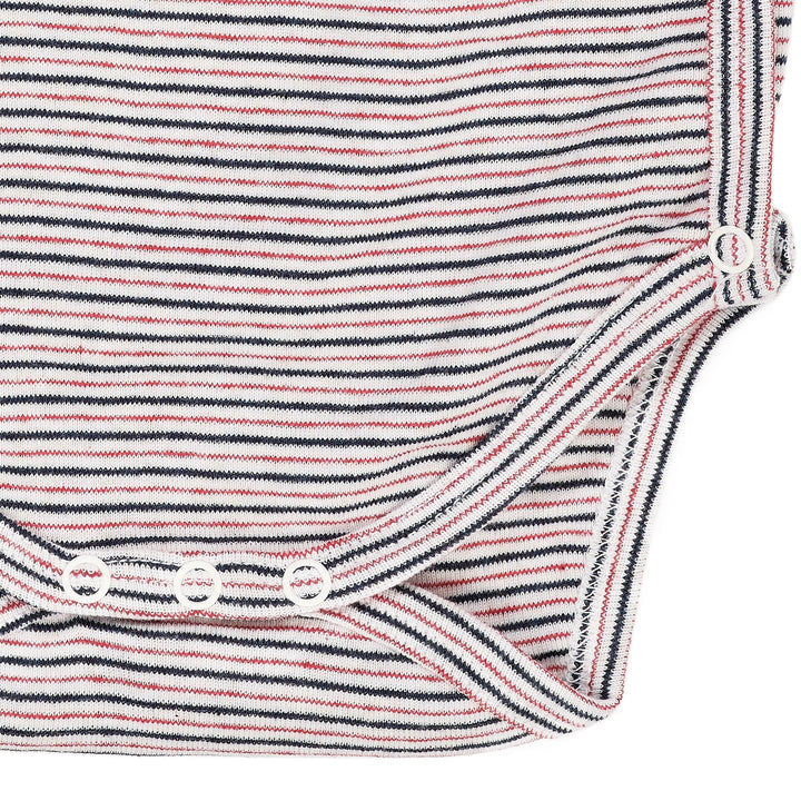 STRIBET BABY BODYSTOCKING MED SIDELUKNING OG LANGE ÆRMER - BLUE/RED STRIPE
