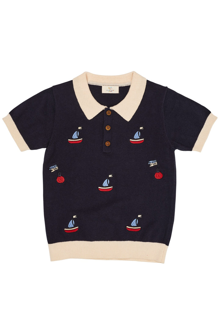 STRIKKET POLO M. BÅDE - NAVY/CREAM COMB