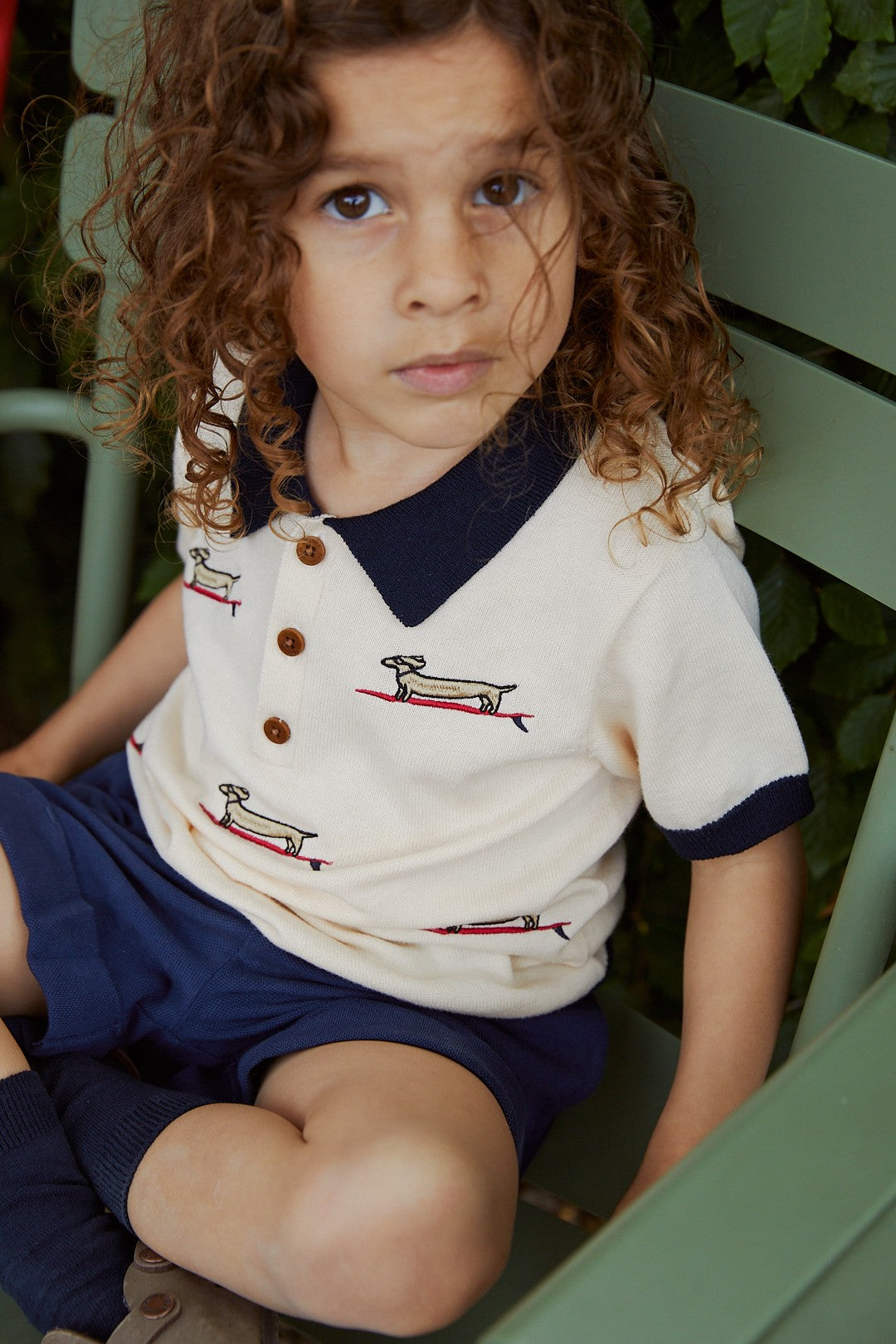 STRIKKET POLO M. BÅDE - CREAM/NAVY COMB.