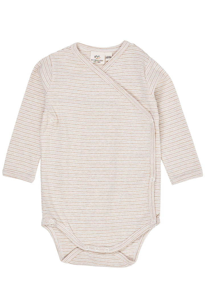 STRIBET BABY BODYSTOCKING MED SIDELUKNING OG LANGE ÆRMER - BEIGE STRIPE