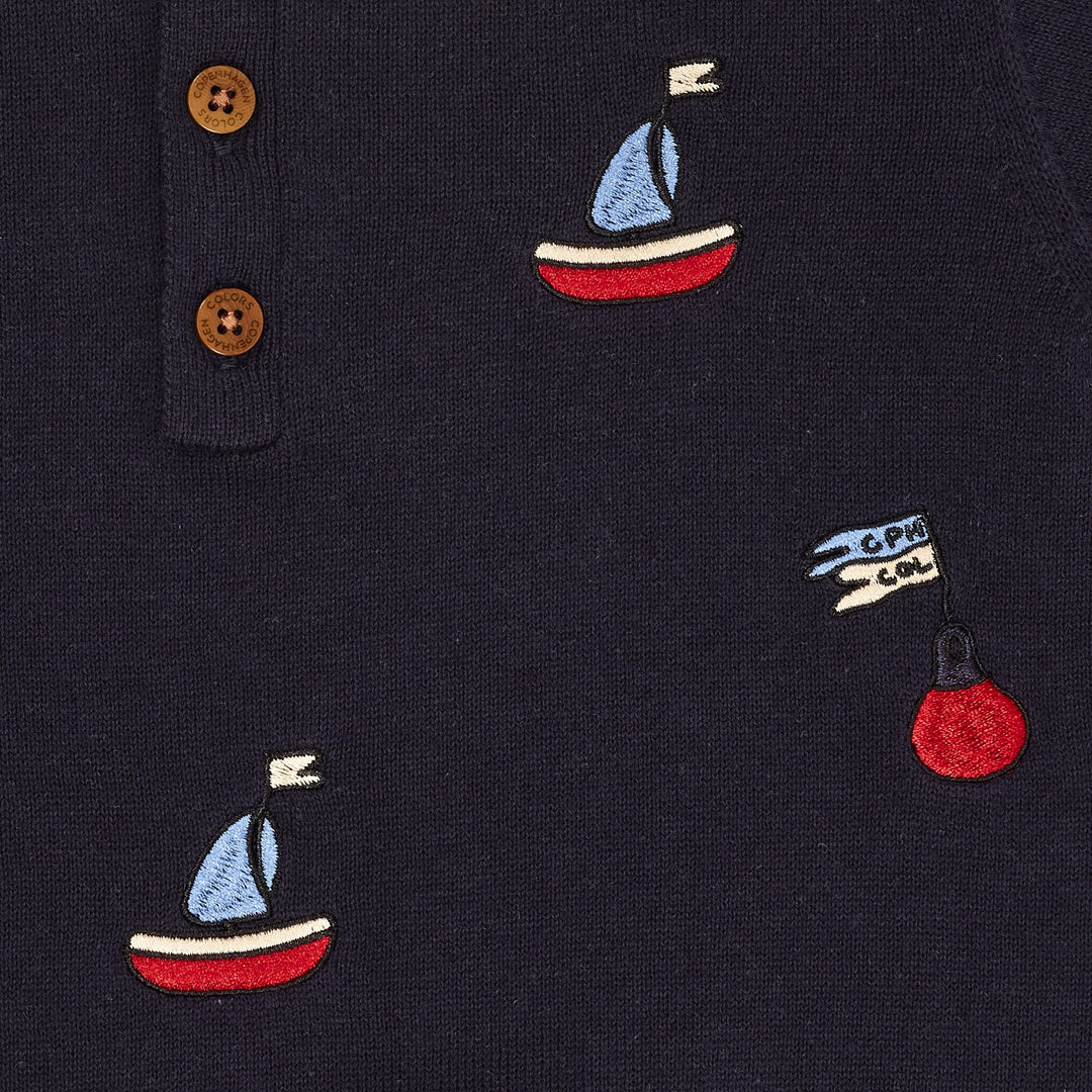 STRIKKET POLO M. BÅDE - NAVY/CREAM COMB