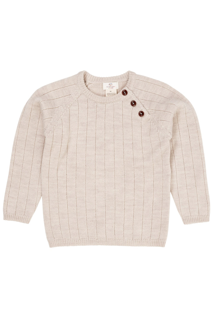 STRIKKET BLUSE I MERINOULD M. KNAPLUKNING OVER SKULDER - PALE CREAM MELANGE