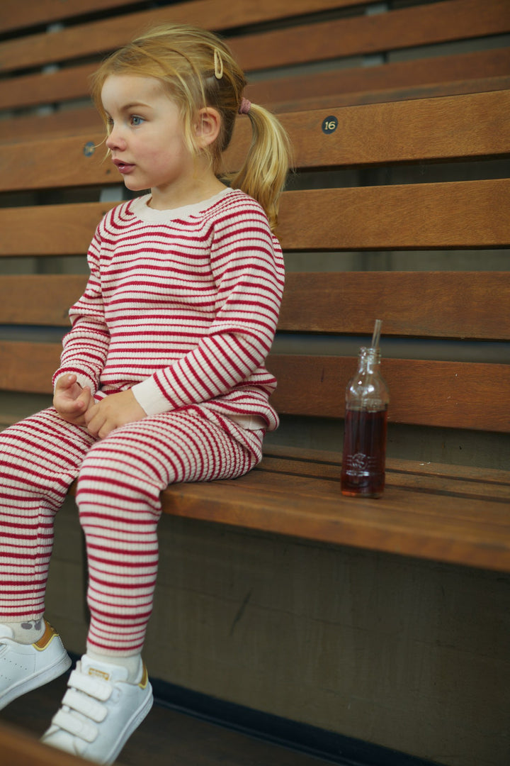 KLASSISK MERINO BLUSE I RIB - SOFT PINK/BURGUNDY COMB