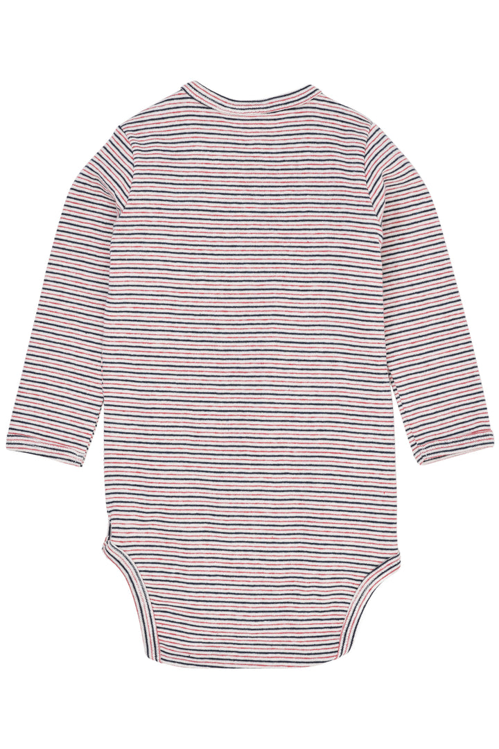 STRIBET BABY BODYSTOCKING MED SIDELUKNING OG LANGE ÆRMER - BLUE/RED STRIPE