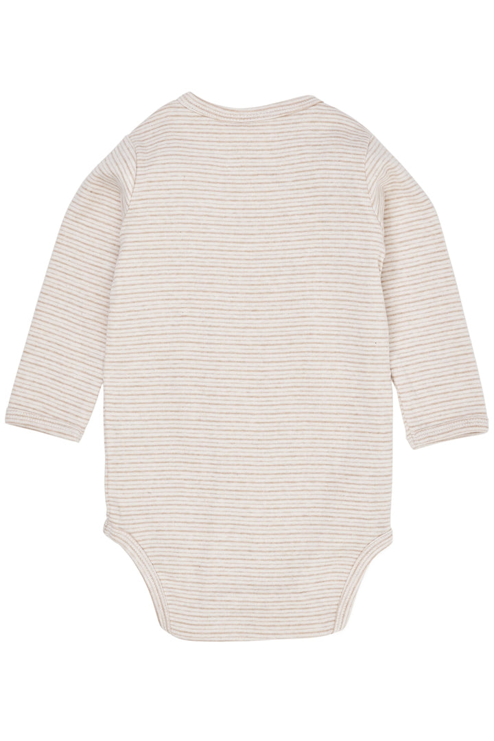 STRIBET BABY BODYSTOCKING MED SIDELUKNING OG LANGE ÆRMER - BEIGE STRIPE